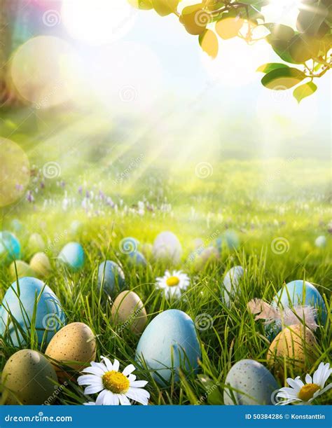 Art Decorated Easter Eggs In The Grass With Daisies Stock Photo Image