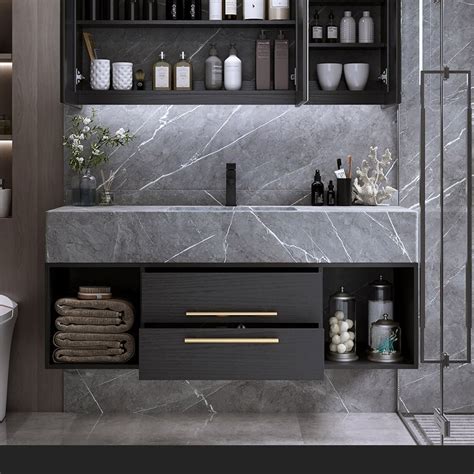 35 Floating Black And Gray Bathroom Vanity With Sintered Stone Vessel