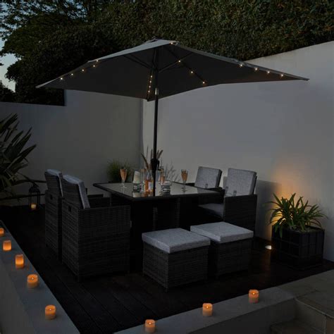 8 Seat Rattan Cube Outdoor Dining Set With Led Premium Parasol Black