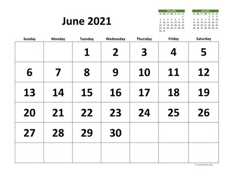June 2021 Calendar With Extra Large Dates