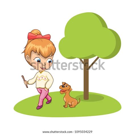 Young Girl Walking Park Adorable Dog Stock Vector Royalty Free