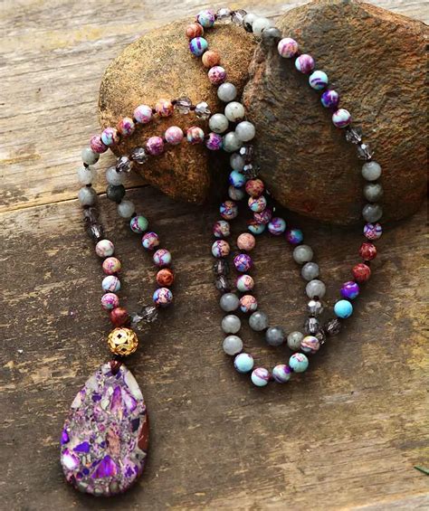 Purple Spiritual Natural Stones Teardrop Pendant Necklaces Women