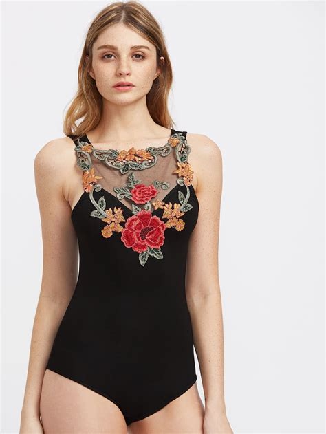 Embroider Flower Applique Mesh Sweetheart Bodysuit Embroidered