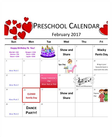 Preschool Calendar Template 10 Free Pdf Word Format Download