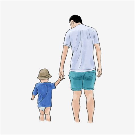 Cartoon Hand Painted Lovely Father Son Holding Hands Seaside PNG