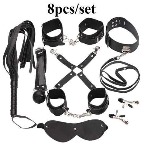 Adult Games 8pcsset Leather Handcuffs Gag Nipple Clamps Whip Mask Erotic Toy Fetish Sex Bondage