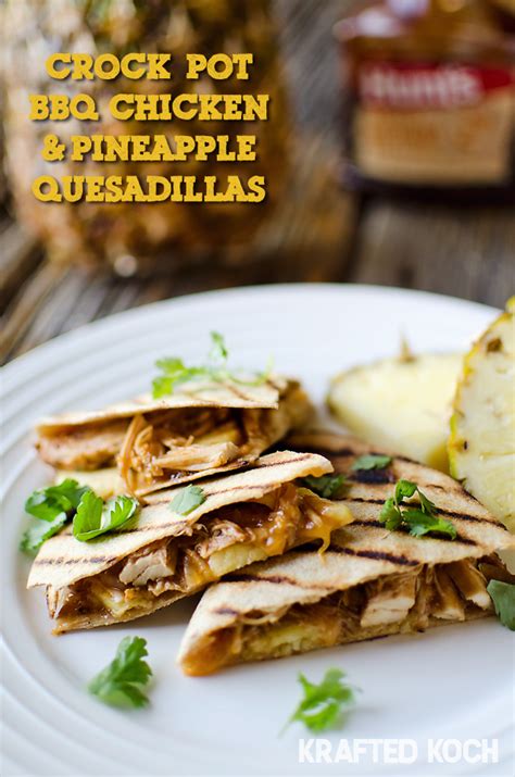 Step 2 whisk barbeque sauce, vinegar, brown sugar, garlic powder, and red pepper flakes together in a bowl until the sugar dissolves; Crock Pot BBQ Chicken & Pineapple Quesadillas