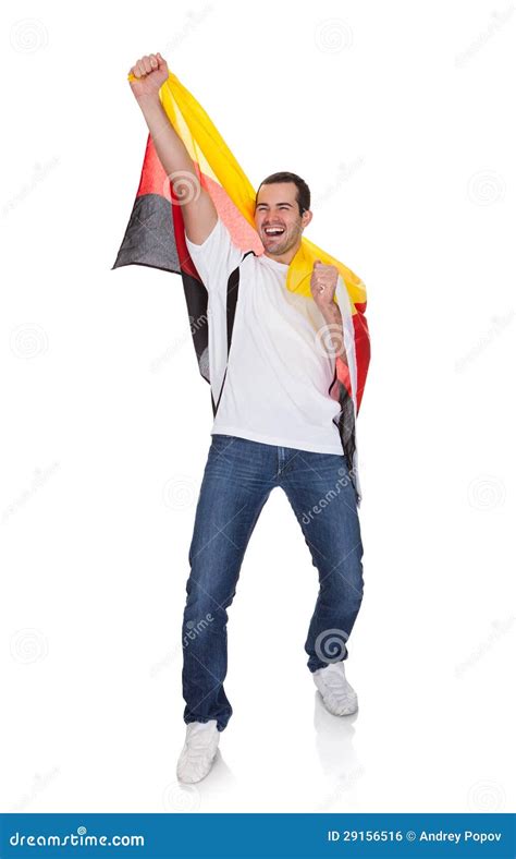 Portrait Of A Happy Man Holding An German Flag Stock Photo Image Of