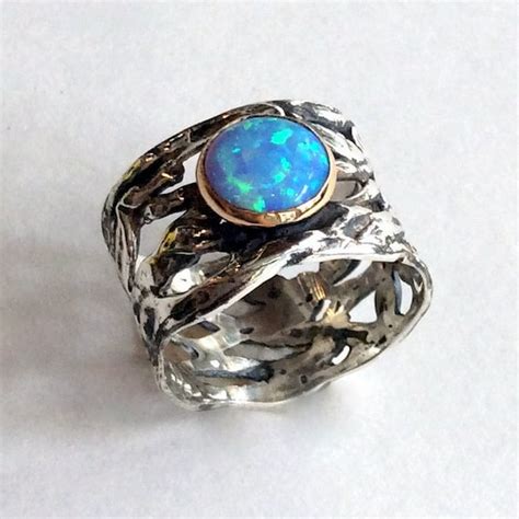 Opal Ring Sterling Silver Gold Ring Blue Gemstone Ring Etsy