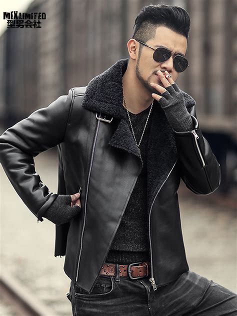 men slim woolen black fur collar motorcycle bikers faux leather jacket coat metrosexual man warm