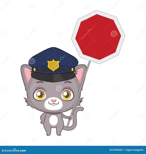 Cute Gray Cat Holding A Blank Stop Sign Stock Vector Illustration Of