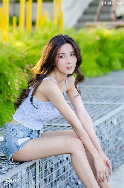 true pic thailand model baiyok panachon cute white crop top and short jean