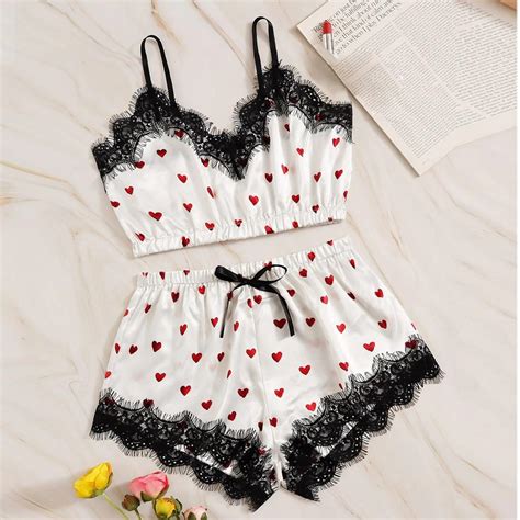 Buy Women V Neck Heart Print Lace Satin Camisole Pajamas Bowknot Shorts Lingerie Set At