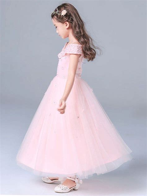 Girls Pink Princess V Necked Embroidered Flower Wedding Party Dress