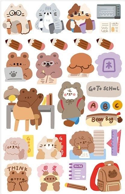 Cute Study Bear Kawaii Stickers Sheet Printable Korean Cute Sticker