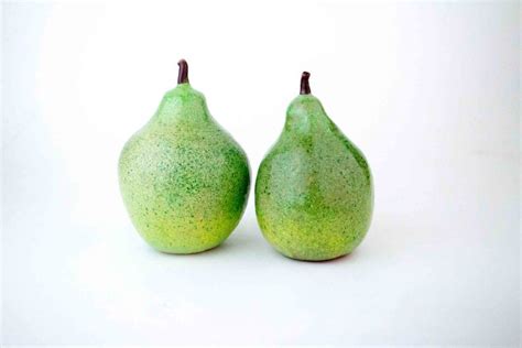 Handmade Ceramic Pear Set Glazed Green With Yellow