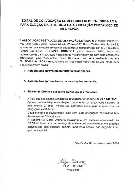 Edital De Convocação Para Eleição Da Diretoria Da Associação Pestalozzi De Vila Pavão Vila