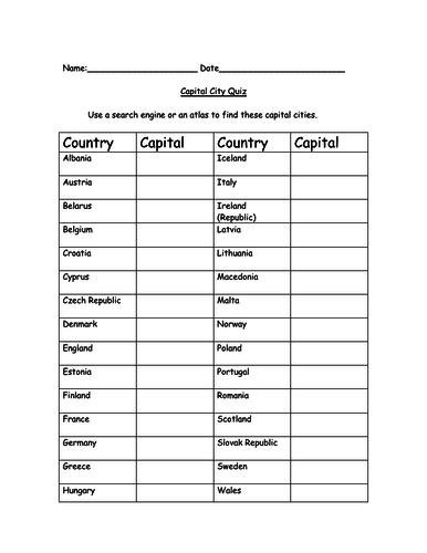 Capital City Quiz And Answers Worksheet Teaching Resources