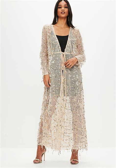 Missguided Synthetic Nude Embellished Duster Jacket In Natural Lyst