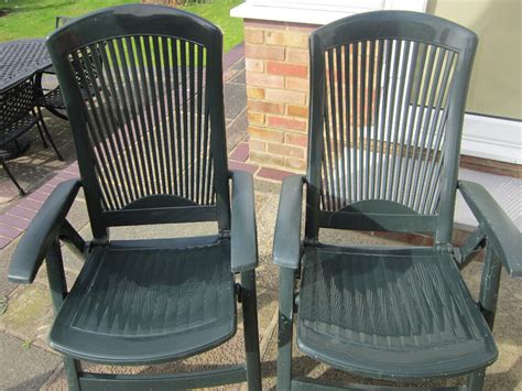 Oakport set of 2 plastic frame stationary adirondack chair(s) with slat seat seat sit back and relax with patio chairs for your outdoor living area bring proper outdoor seating to your patio, poolside, front porch or anywhere you'd like to be able to sit outside with the selection of patio chairs at lowe's. 2 x high back green strong plastic garden chairs in Good condition | in Brentwood, Essex | Gumtree