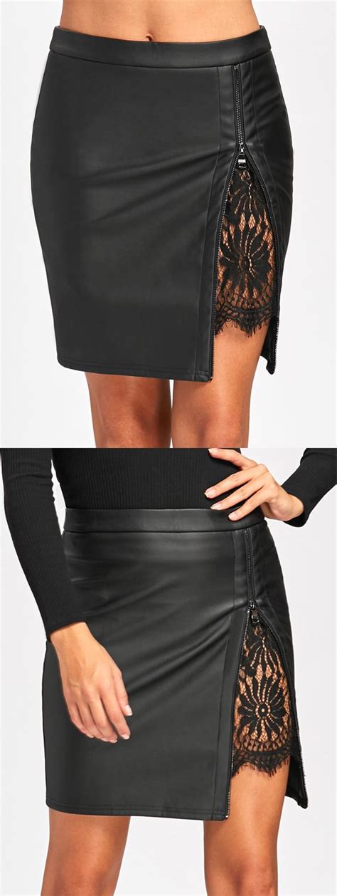 Lace Insert Faux Leather Fitted Skirt Look Fashion Diy Fashion Ideias