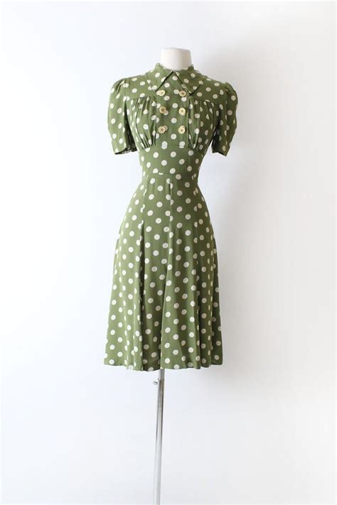 vintage 1940s 40s dress green ivory polka dots rayon crepe etsy green dress 40s dress dresses
