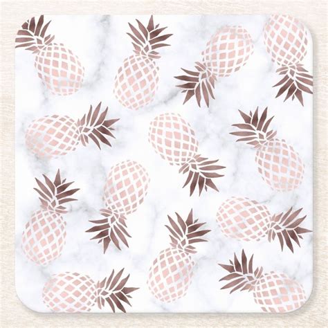 Elegant Modern White Marble Rose Gold Pineapple Square Paper Coaster