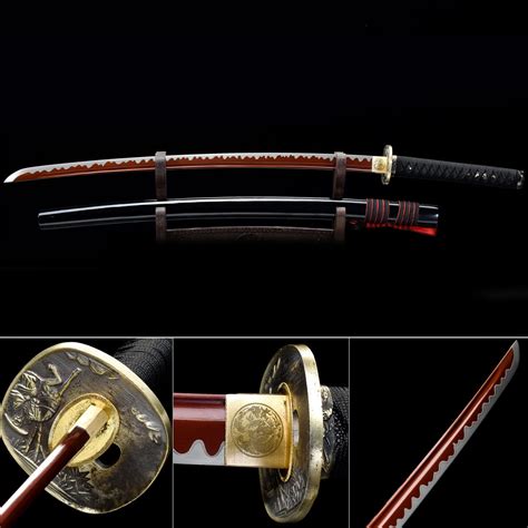 Handmade High Manganese Steel Red Blade And Gold Tsuba Real Japanese