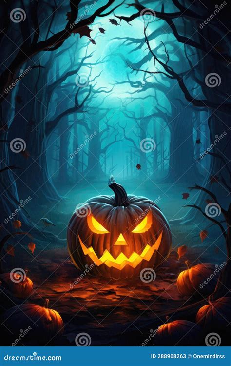 Halloween Spooky Background Scary Jack O Lantern Pumpkins In Creepy