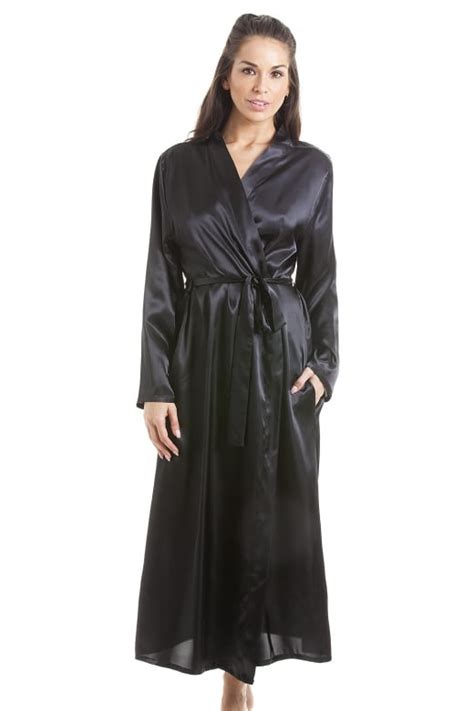 Womens Black Luxury Satin Dressing Gown