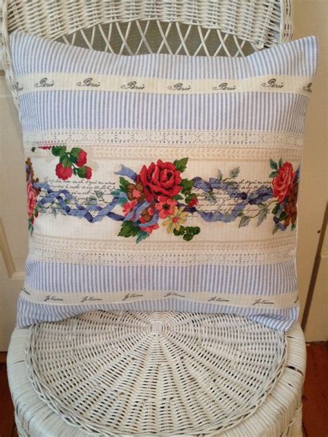 French Country Pillow Cover Paris Blue Seersucker And Rose Pillow