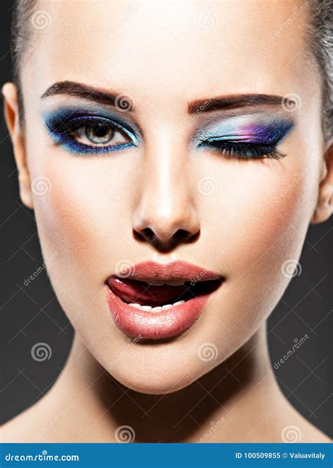 Beautiful Woman With Blue Makeup Of Eyes Stock Image Image Of