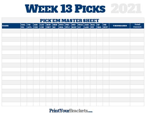 Nfl Week 13 Picks Master Sheet Grid 2020