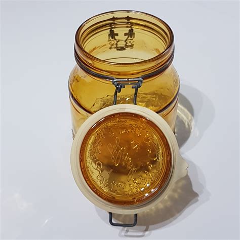 Vintage Amber Italian Glass Jar With Snap Lid Apothecary Jar Kitchen