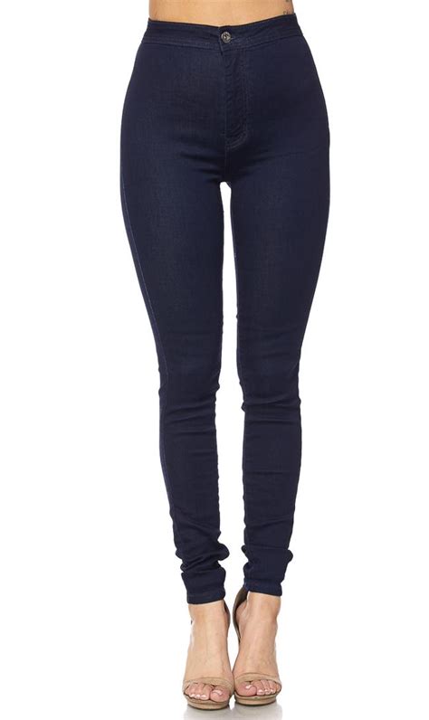 super high waisted stretchy skinny jeans in navy blue denim