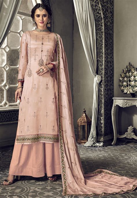 Embroidered Chinon Chiffon Pakistani Suit In Peach Kch5919