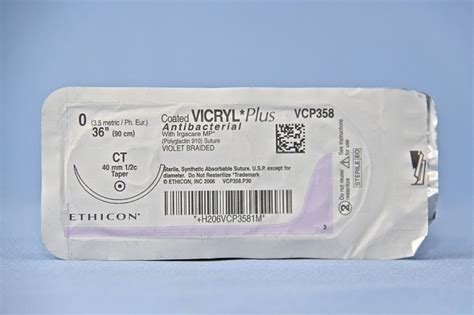 Ethicon Suture Vcp358h 0 Vicryl Plus Antibacterial Violet 36 Ct