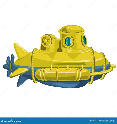 Yellow Submarine Isolated On White Background Vector Cartoon Close Up