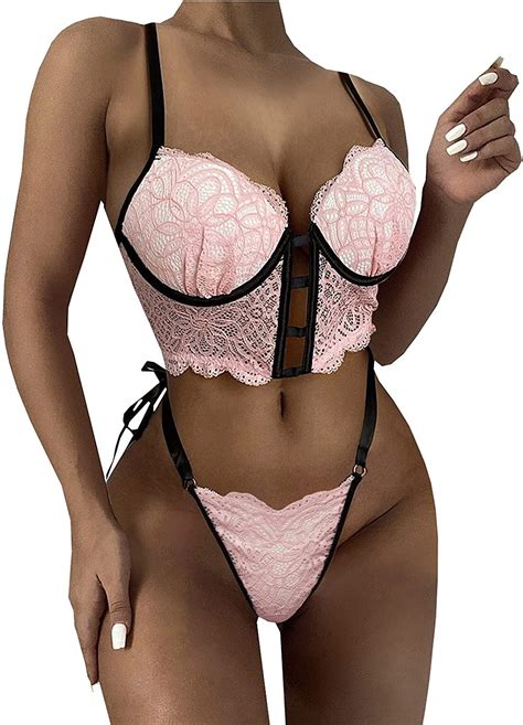 Lingerie Suit For Women Sexy Solid Color Bralette Panty Strappy Lace Bow Lingerie