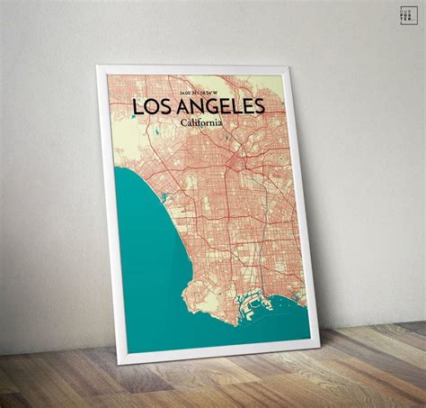 Los Angeles City Map Graphic Art Print Poster In Tricolor City Maps