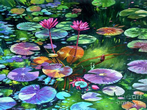 Pink Water Lilies And Lily Pads Painting By John Clark