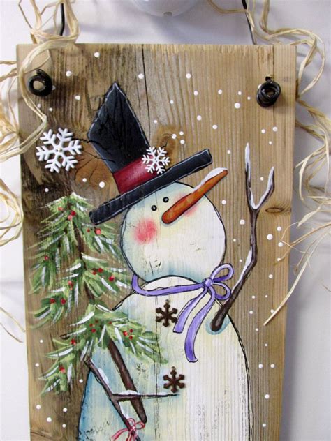 Reclaimed Barn Wood With Hand Painted Snowman Winter Scene Etsy