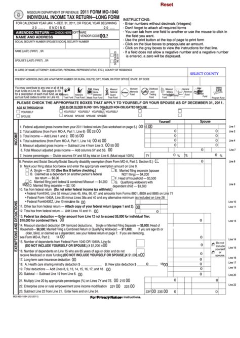 Fillable Form Mo 1040 Individual Income Tax Return 2021 Tax Forms