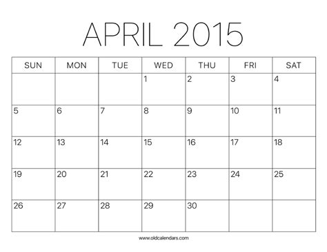 2015 Calendar April Printable Old Calendars