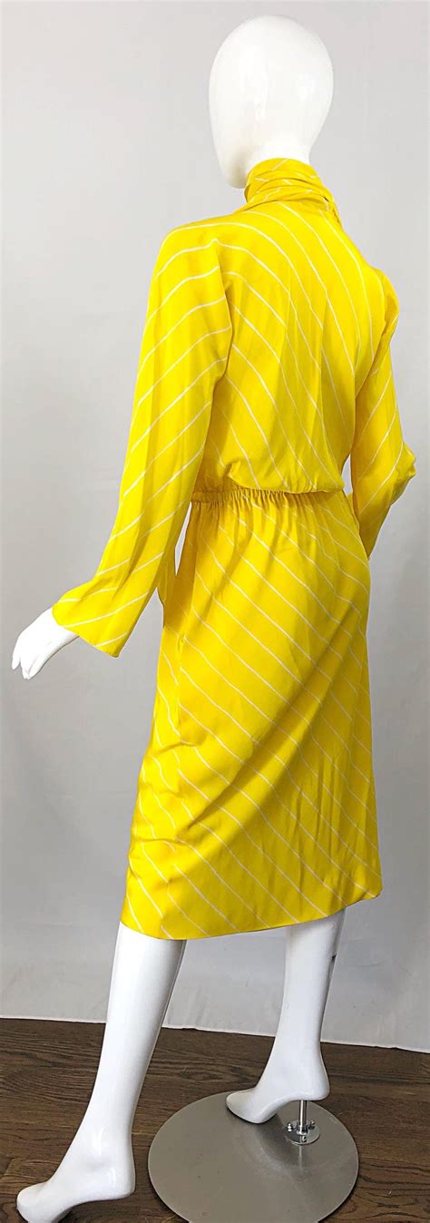 1970s halston canary yellow white chevron striped bell sleeve 70s scarf dress for sale at 1stdibs