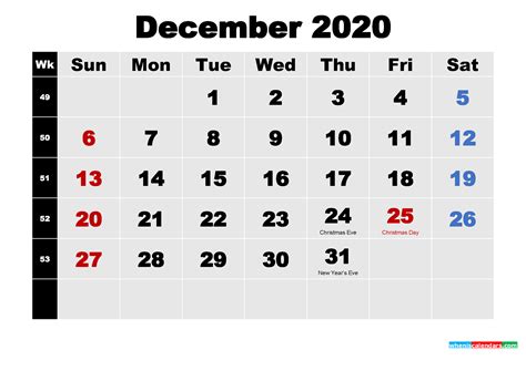 Free Printable December 2020 Calendar Word