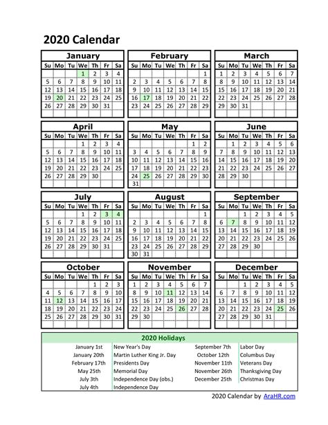 Printable Employee Vacation Calendar 2020 Example
