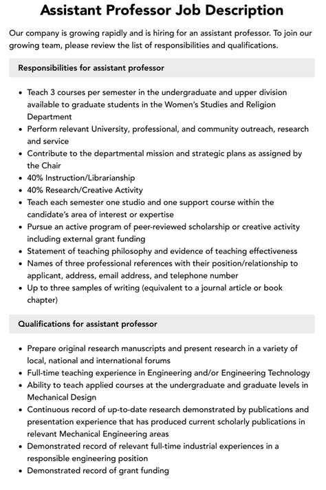 Assistant Professor Job Description Velvet Jobs