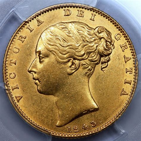 1843 Queen Victoria Great Britain Gold Sovereign Coin Pcgs Au58 Gold