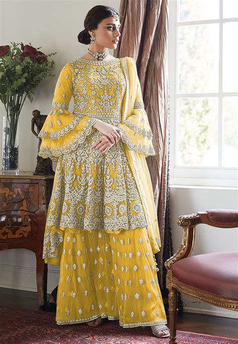 Embroidered Net Asymmetric Pakistani Suit In Yellow Kch4729